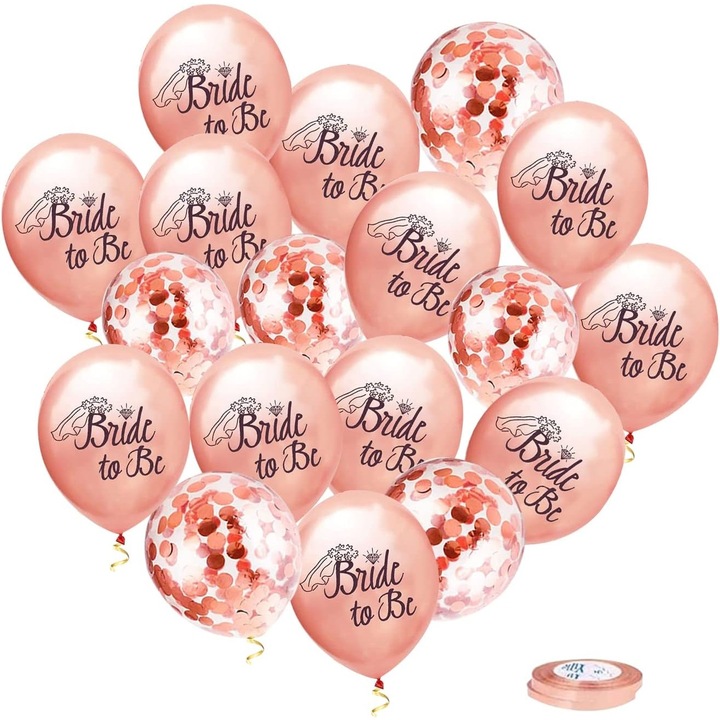 Set 10 baloane din latex, model party bride to be, 30 cm, 2.8 g, transparent, cu confetti, roz