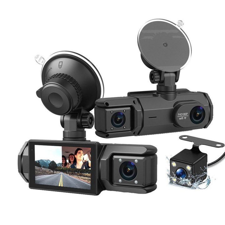 Камера ZYTEQ®️ S2 Full HD 1080P Dash Cam, WDR, 150°, 3 лещи, Wi-Fi, 2-инчов IPS екран, дневен и нощен запис, цикличен запис, нощно виждане, откриване на движение, подпомагано паркиране, водоустойчив, черен