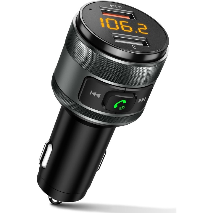DicBoster®，Mini MP3 Bluetooth auto, transmitator FM auto cu incarcare rapida, cu 2 x porturi USB, cu anulare a zgomotului, cu functie hands-free, microfon extern, afisaj digital, redare de pe stick USB, compatibil cu orice dispozitiv, negru