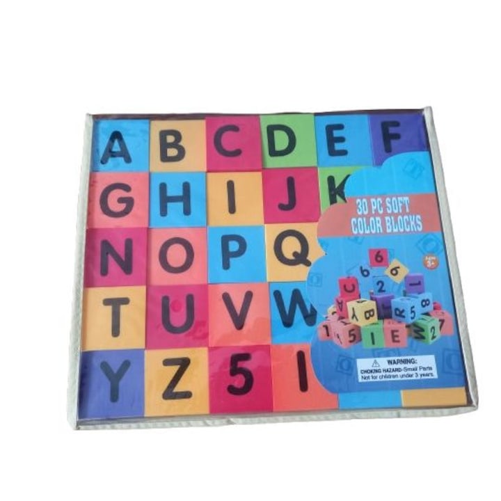 Jucarii educative 30 cuburi din spuma cu litere, cifre, ilustratii si cuvinte in limba engleza