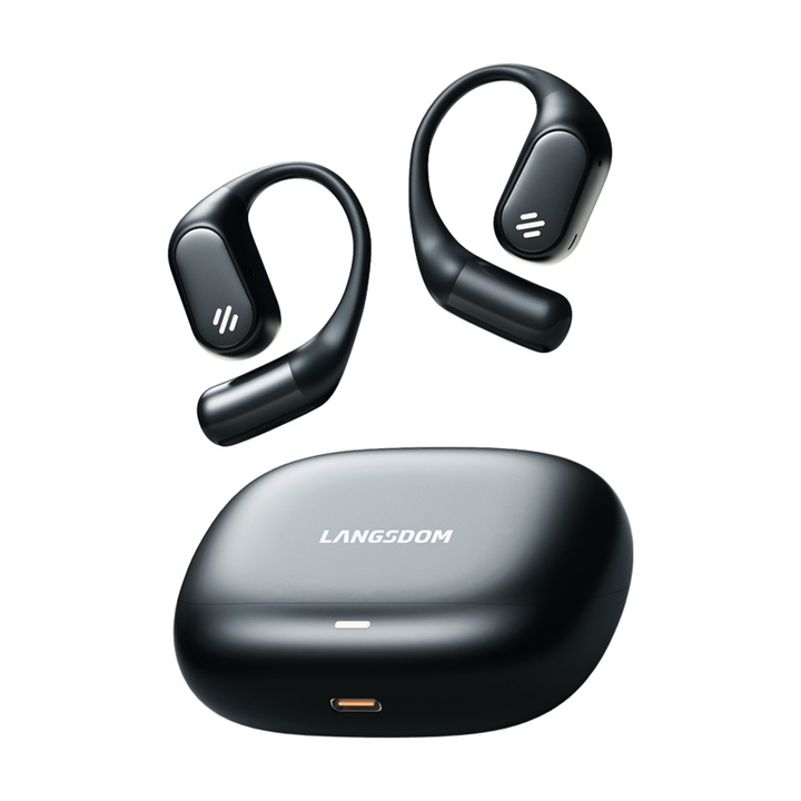 Безжични спортни слушалки Bluetooth 5.4, Langsdom, универсални, хендсфри с HD микрофон, силен бас, USB-C, IPX5 водоустойчиви, съвместими с iOS и Android, игри, GymBuds, черни