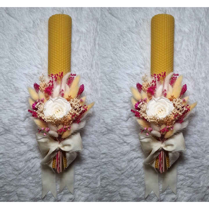 Set 2 lumanari cununie, nunta sau botez din ceara naturala decorate cu trandafir natural si flori uscate, galben miere, 35 cm
