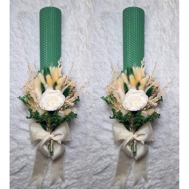 Set 2 lumanari cununie, nunta sau botez din ceara naturala decorate cu trandafir natural si flori uscate, verde inchis, 35 cm