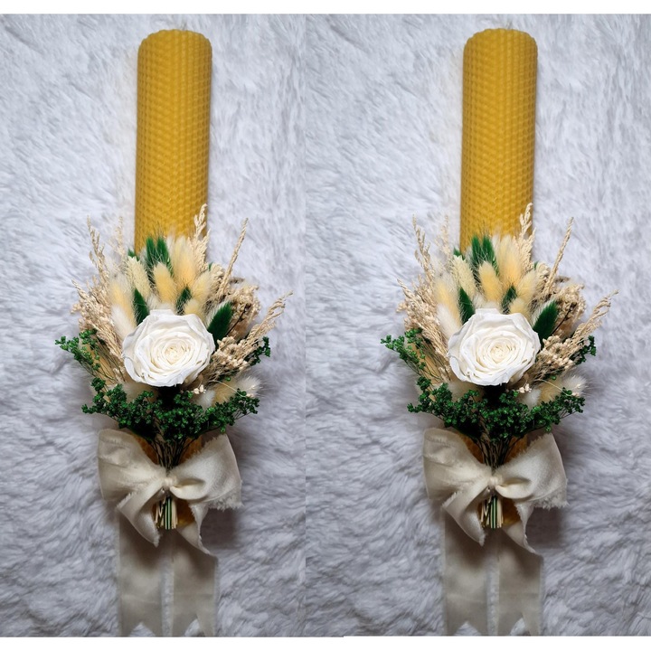 Set 2 lumanari cununie, nunta sau botez din ceara naturala decorate cu trandafir natural si flori uscate, galben verzui, 35 cm