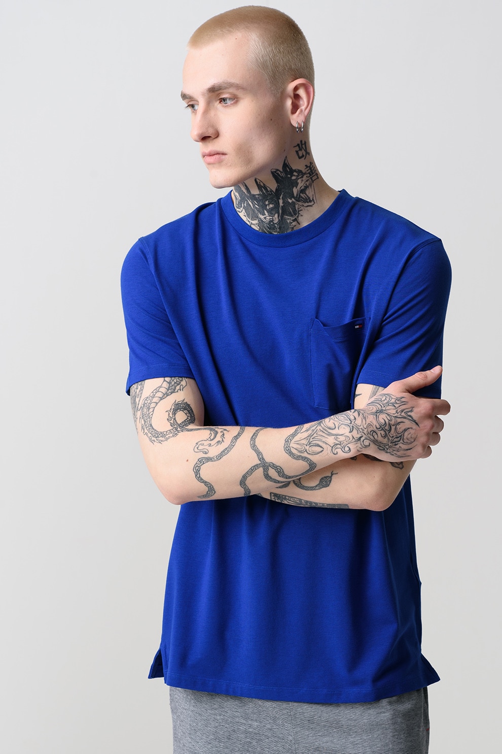 Tommy Hilfiger, Tricou de casa din amestec de modal cu decolteu la baza gatului, Albastru royal, XL