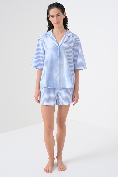 Tommy Hilfiger, Pantaloni scurti de pijama din amestec de in cu model in dungi, Alb/Albastru lavanda, XL