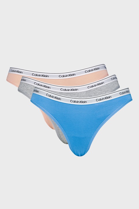 CALVIN KLEIN, Танга с лого - 3 чифта, Розова сьомга/Сив меланж/Светлосин