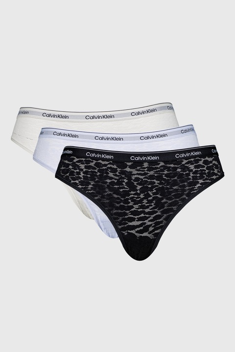 CALVIN KLEIN, Дантелени бикини с животинска шарка - 3 чифта, Черен/Ледено синьо/Мръснобял