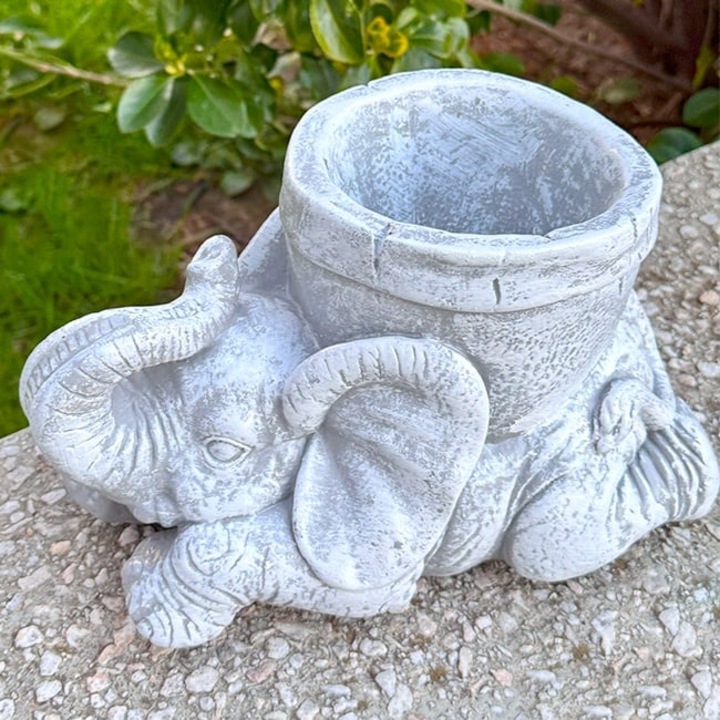 Statueta decorativa elefant, cu trompa ridicata si ghiveci practic, Gri, 27 cm, Velve