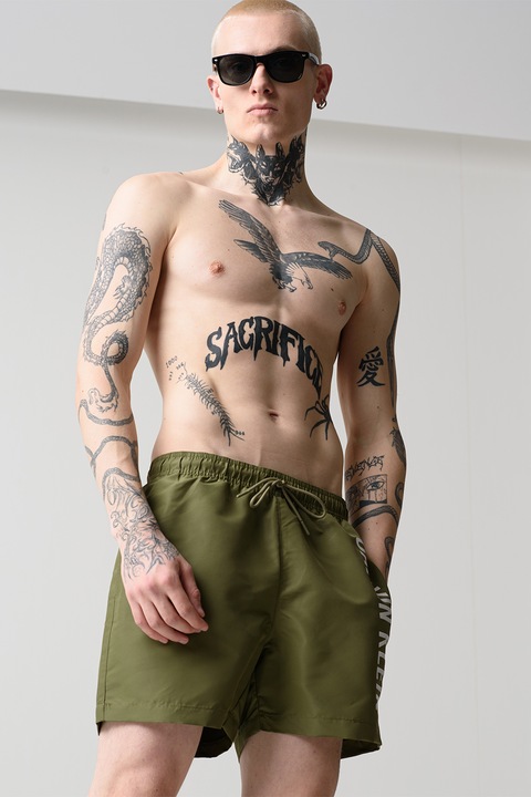 CALVIN KLEIN, Pantaloni scurti de baie cu snur si logo, Alb, verde militar inchis, L