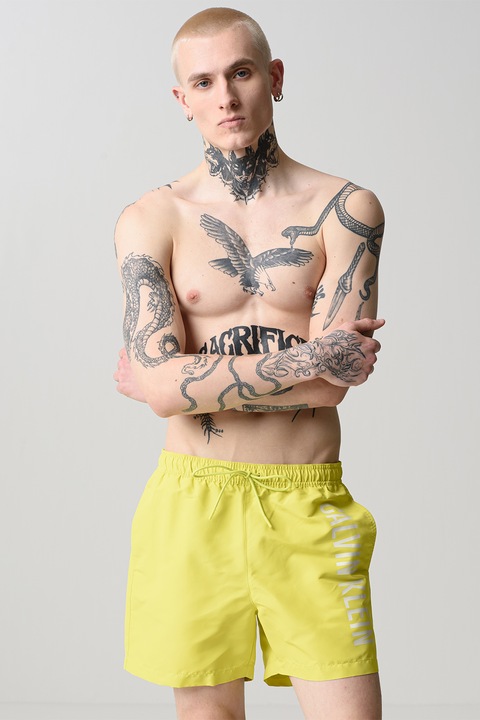 CALVIN KLEIN, Pantaloni scurti de baie cu snur si logo, Verde lime, XL