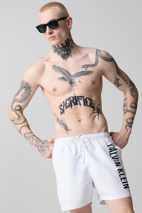 CALVIN KLEIN, Pantaloni scurti de baie cu snur si logo, Alb, L