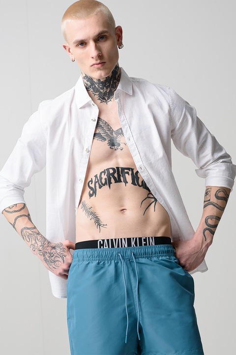 CALVIN KLEIN, Pantaloni scurti de baie cu snur si banda logo, Verde persan, XL