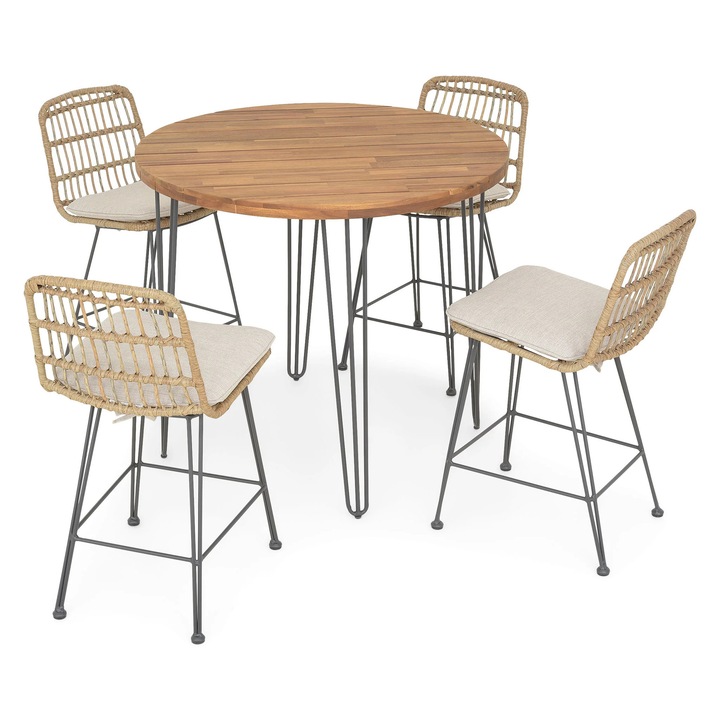 Set mobilier gradina/terasa 4 scaune si masa rotunda bar, Maison Mex CHARLOTTE, natur-negru/gri