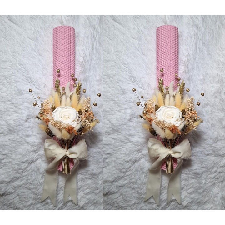 Set 2 lumanari cununie, nunta sau botez din ceara naturala decorate cu trandafir natural si flori uscate, roz crem, 35 cm