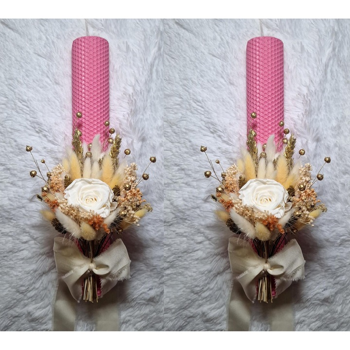 Set 2 lumanari cununie, nunta sau botez din ceara naturala decorate cu trandafir natural si flori uscate, roz bombon, 35 cm