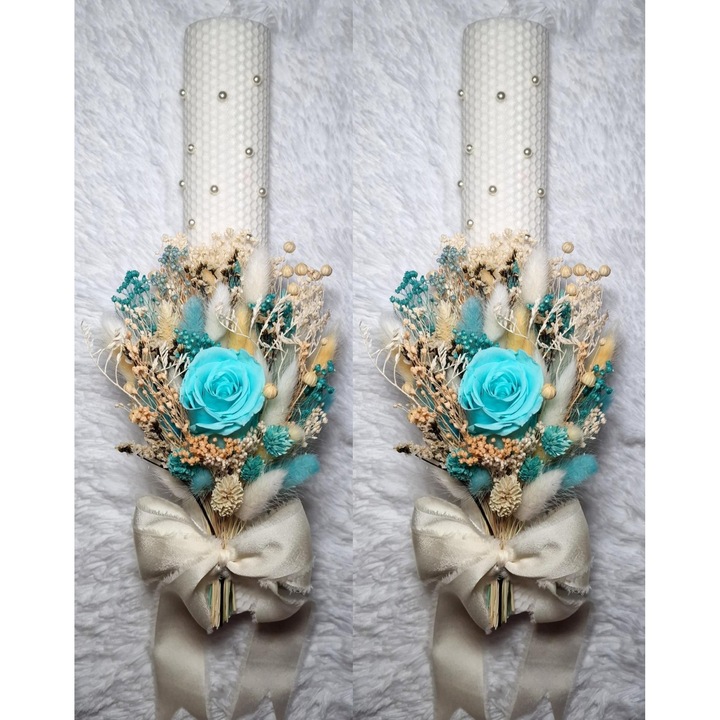 Set 2 lumanari cununie, nunta sau botez din ceara naturala decorate cu trandafir natural si flori uscate, alb crystal, 35 cm