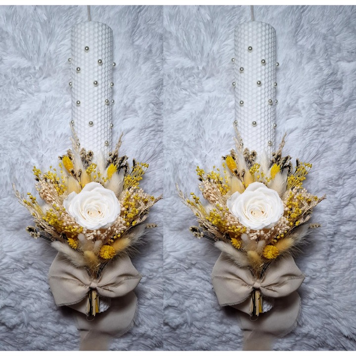 Set 2 lumanari cununie, nunta sau botez din ceara naturala decorate cu trandafir natural si flori uscate, alb cald, 35 cm