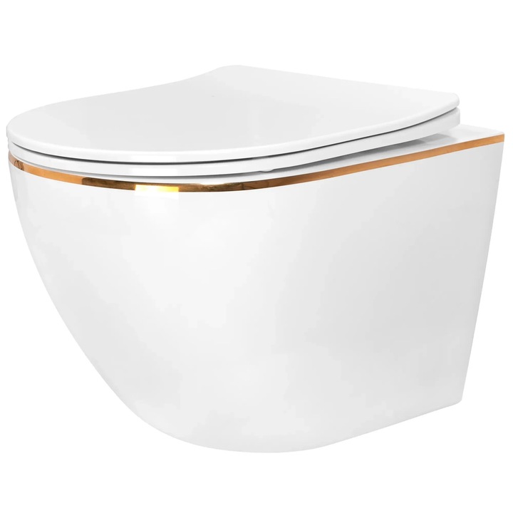 Rea WC csésze Carlo Tornado Rimless Flat Gold Edge, Kerámia, fehér / arany, 490x365 mm