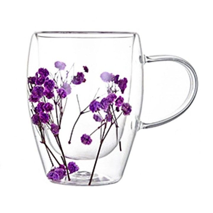 Cana cu flori uscate mov, ECARLA, pereti dubli, sticla borosilicata, 300 ml