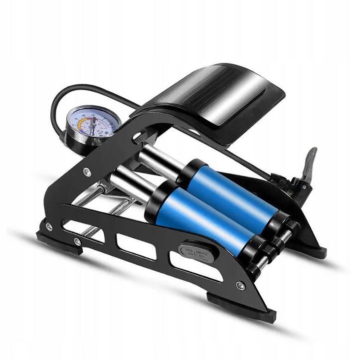 Двуцилиндрова крачна помпа, Ракета, С манометър, Синьо-черна, Металик, За напомпване на велосипедни колела, мотоциклети, автомобили, топки, матраци, Комплект от 3 адаптера