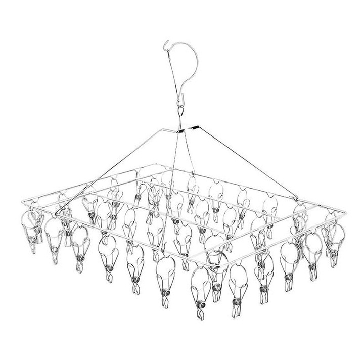 Uscator pentru lenjerie si sosete, Minetgnon®, Carlige de rufe, Otel inoxidabil 40 cleme, Argintiu