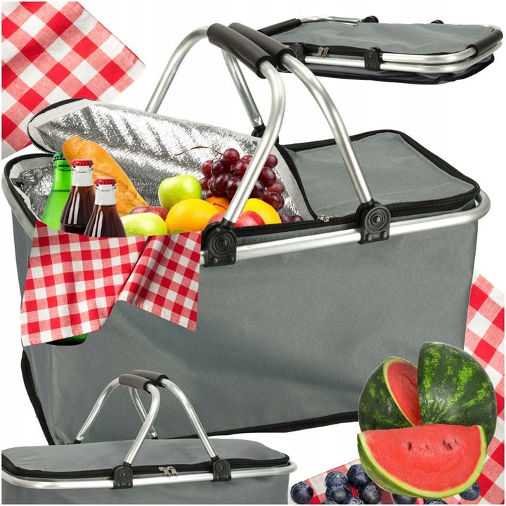 Cos picnic termic pliabil, 32L, gri, dimensiuni 48x28x24cm