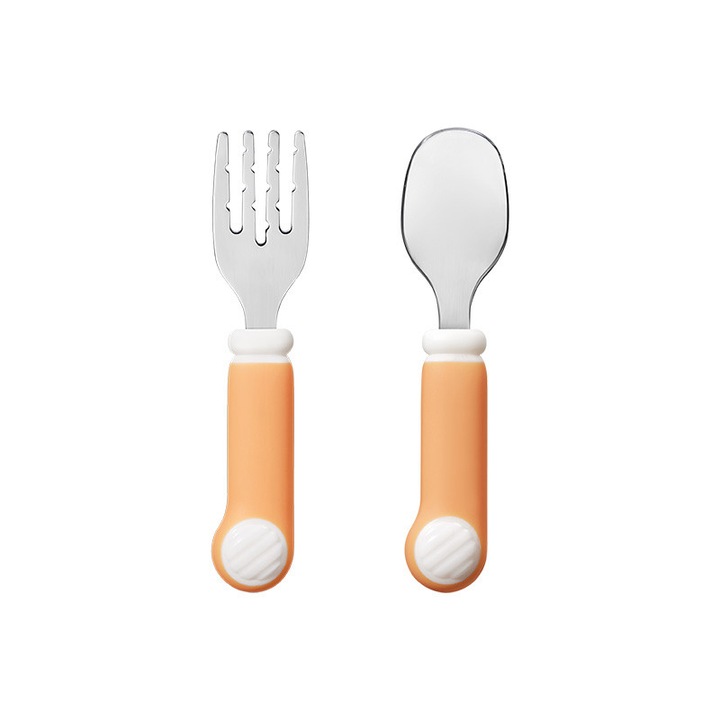 Set 2 tacamuri pentru bebelusi si copii, furculita si lingurita, Sayoyo, cu cutie de calatorie, silicon/inox, 11.5 cm, Roz