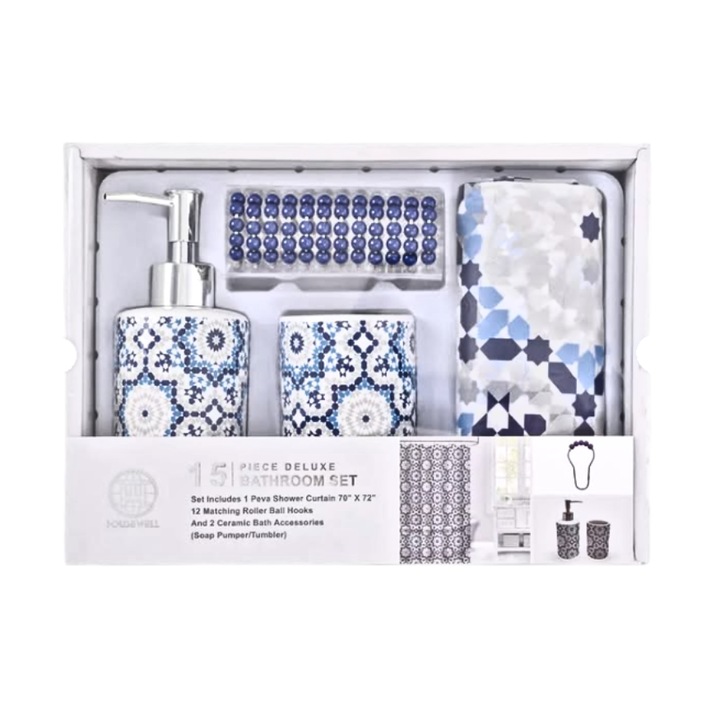 Set Accesorii Baie Berryshop®, Perdea de Dus, Suport Periute, Dispenser Sapun, Carlige Inox