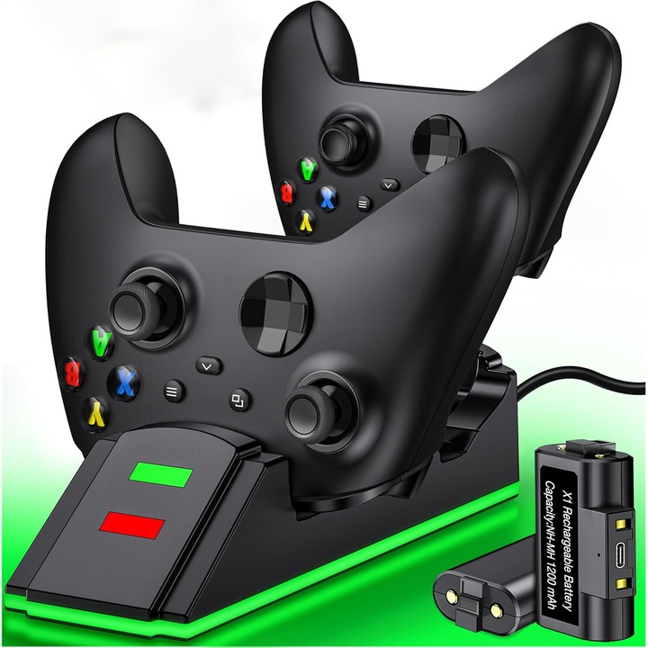 Xbox kontroller töltőállomás, 2 db újratölthető akkumulátor 1200 mWh, biztonságos, LED kijelző, kompatibilis az XBOX ONE S/X /ELITE /X BOX SERIES S/X konzolokkal, OUYLAF, fekete