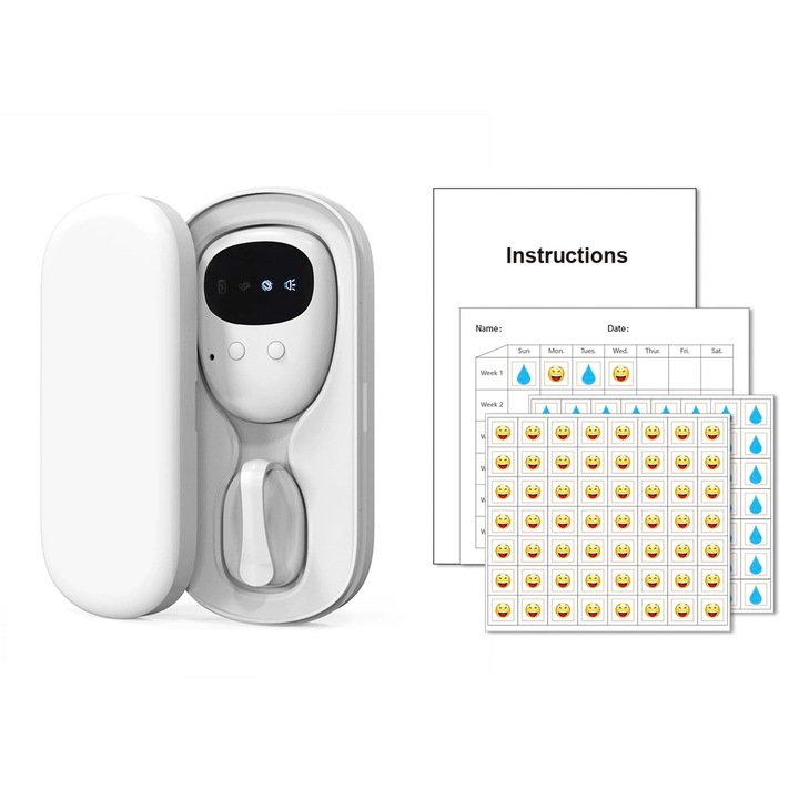 Alarma pentru incontinenta urinara copii, Axroad Mall, Ceas cu alarma pentru incontinenta urinara, Wireless, USB reincarcabila, Dispozitiv enurezis nocturn si diurn pentru copii si varstnici, Acoperire 20m, Sunet si vibratie, 14.2x6.6x2.6cm, ABS+PC, Alb