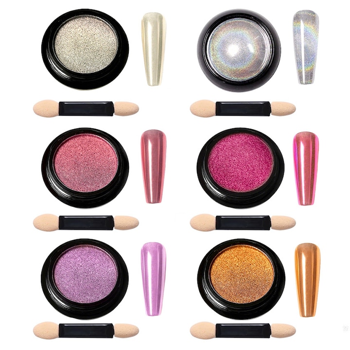 Set de pudra pentru unghii 6 piese, LXNZUHN®, cu efect de oglinda, 0.3g