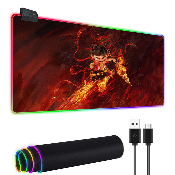 Mouse pad mare pentru jocuri RGB, mouse pad, 35.4 x 15.8 inch baza de cauciuc antiderapanta cu 14 moduri de iluminare cu LED-uri, rezistent la apa, Nezha