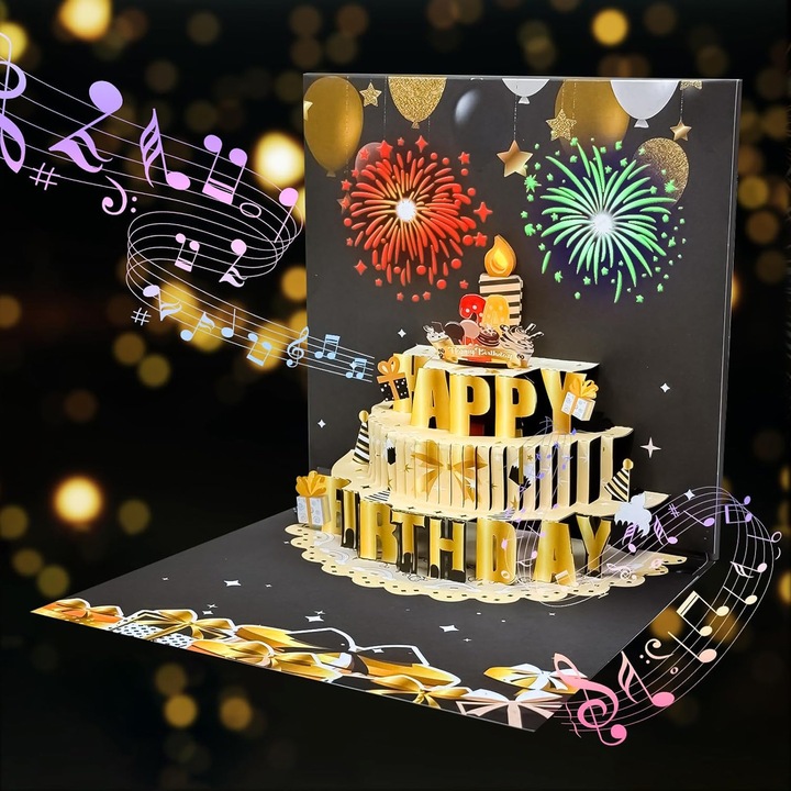 Felicitare 3D pop-up, Axroad Mall, Felicitare de ziua de nastere, Efecte luminoase si muzicale, O lumanare care poate fi suflata, Pliabil, Cu plicuri si card, Pentru scrisoare de invitatie, ziua de nastere si craciun, 18x18cm, Aur Negru