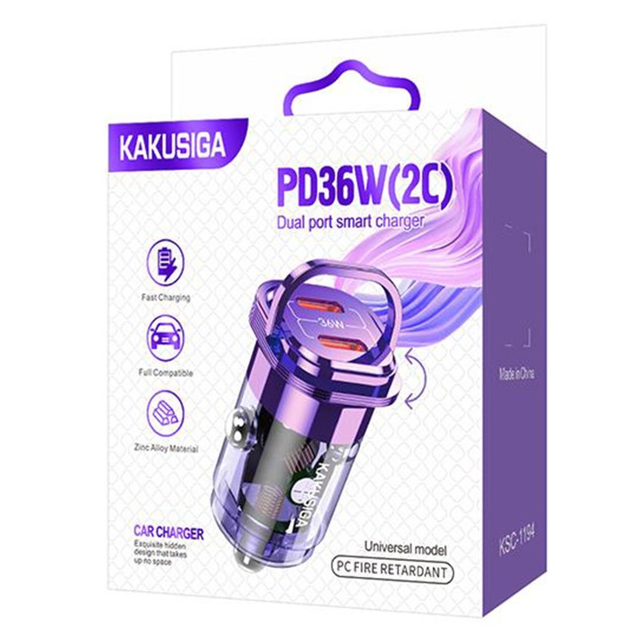 Kaku autós töltő (KSC-1194) + kábel, 0 m, PD36W, 2xUSB-C, lila