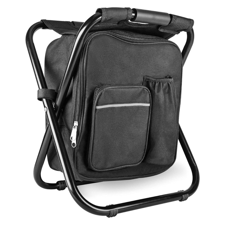 Преносим стол за къмпинг, ZGGZERG, Сгъваем къмпинг стол с раница, Джобове с цип, Издържа до 150 кг, Метална рамка, Мултифункционален, За къмпинг, плажове, поляни, 600D Оксфорд/метал, 36*29*41см, Черен