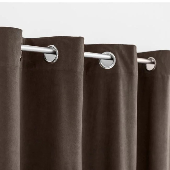 Dekoratív sötétítő sötétítő függöny, szarvasbőr hatású, gyűrűkkel, 140x260 cm, barna színben