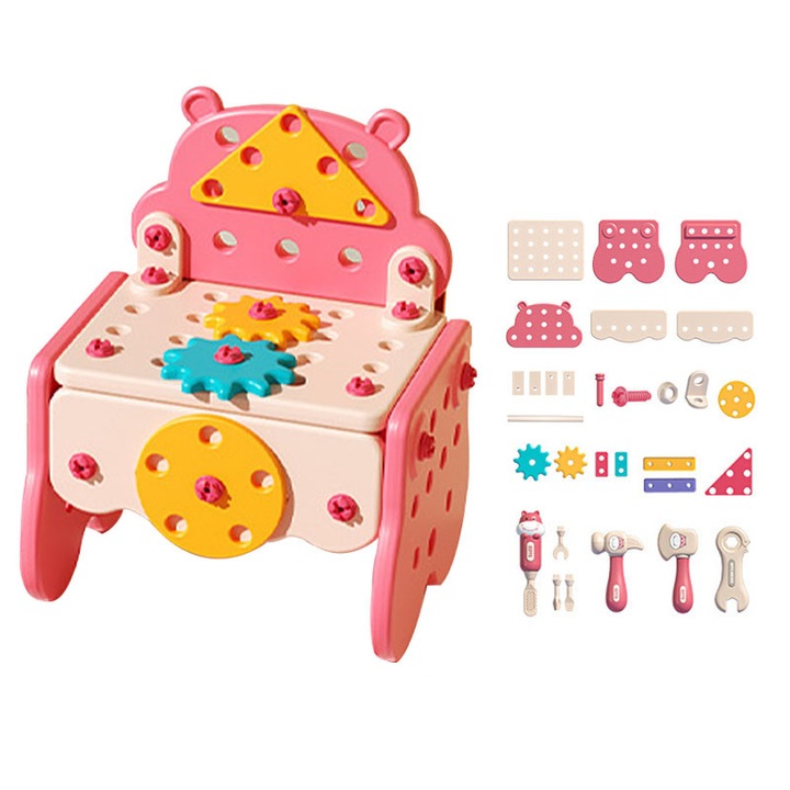 Детска работна маса с инструменти и аксесоари, NAXSIR, Стол, 60 части, Развива интелигентност/моторика, 3+ години, Розов