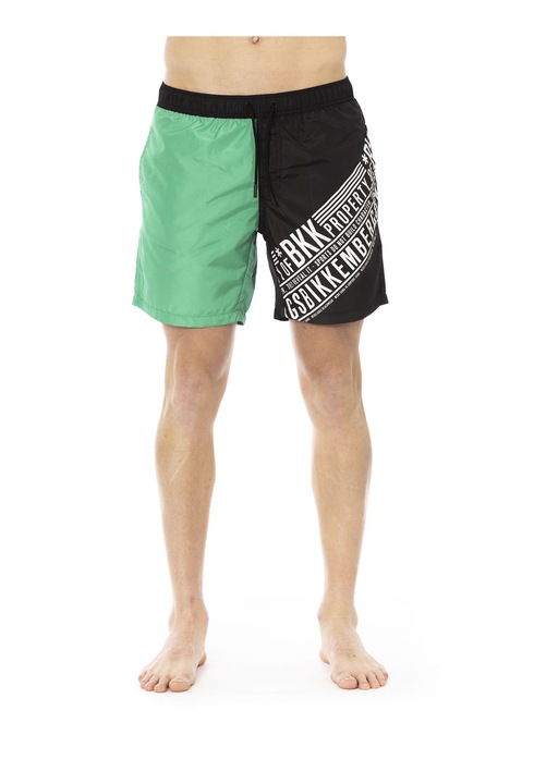 Bikkembergs, Pantaloni scurti de baie cu model colorblock si imprimeu logo, Verde