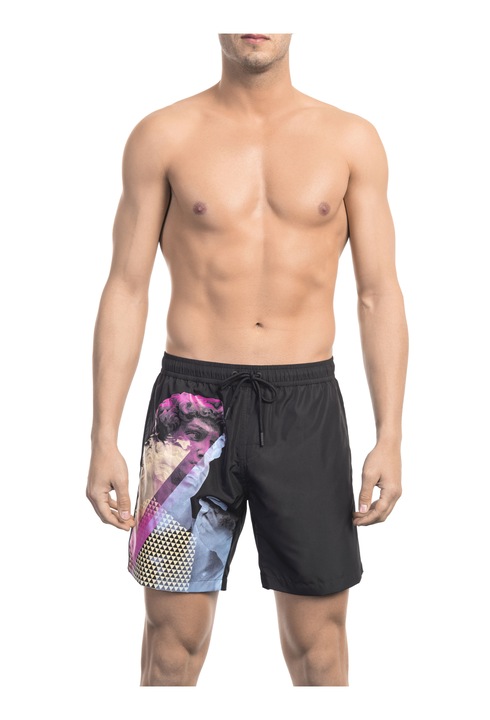 Bikkembergs, Pantaloni scurti de baie cu imprimeu si snur, Negru, L