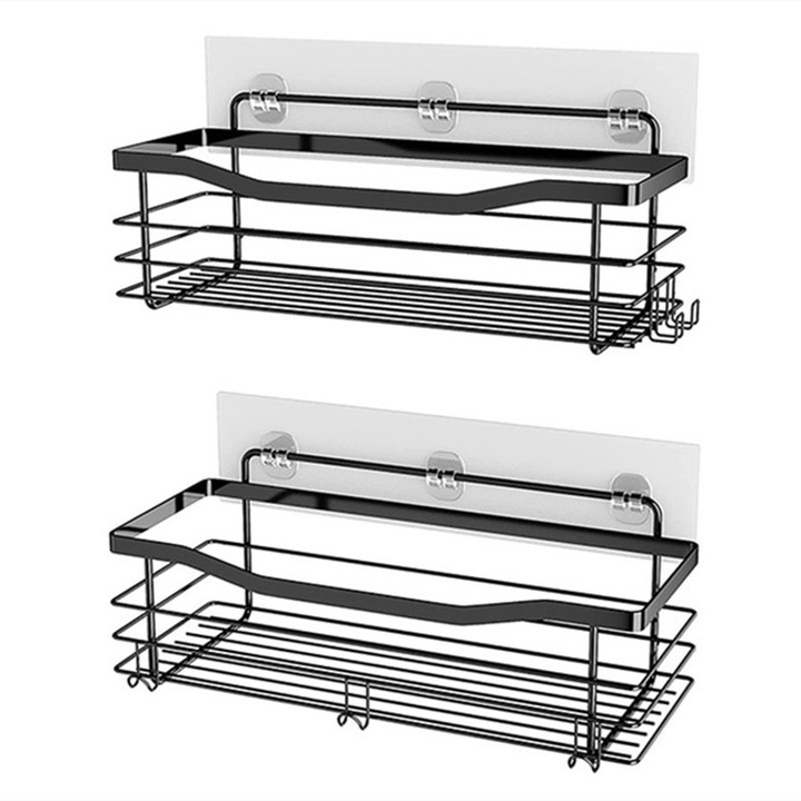 Комплект от 2 рафта за душ от неръждаема стомана, ъглов рафт за баня, органайзер за тоалетни принадлежности, не е необходимо пробиване, влагоустойчив, черен