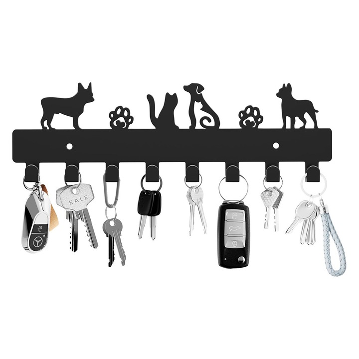 Kulcstartó, BOMSTOM, fém, 8 horog, fekete, 29,34x9,46 cm