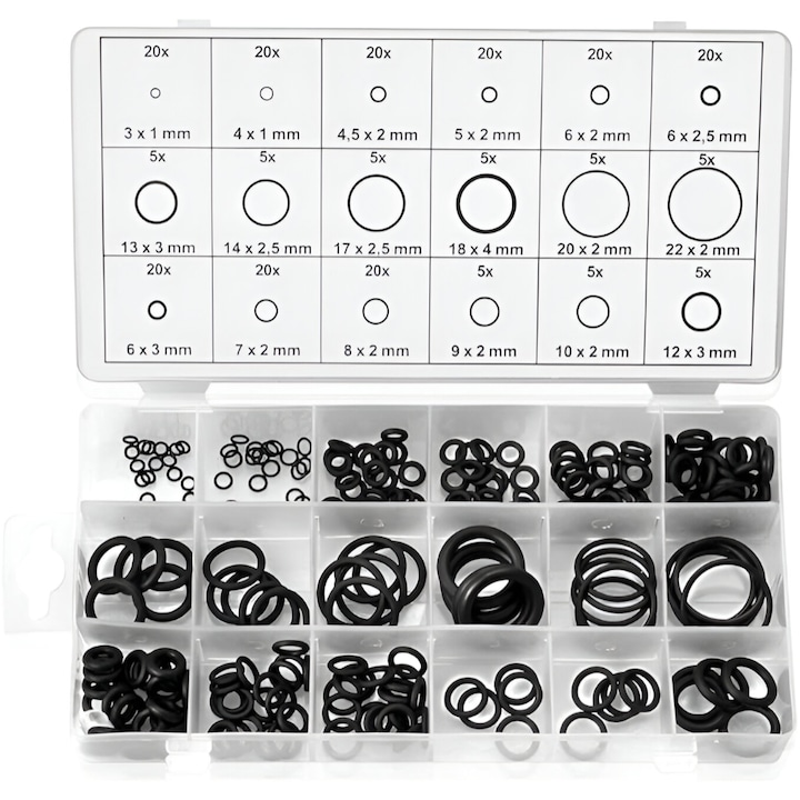 Set 225 Garnituri Hidraulice de Cauciuc O-Ring, Ideale Pentru Masini, Utilaje, Instalatii sub Presiune, Negre, BiXXBi Tools