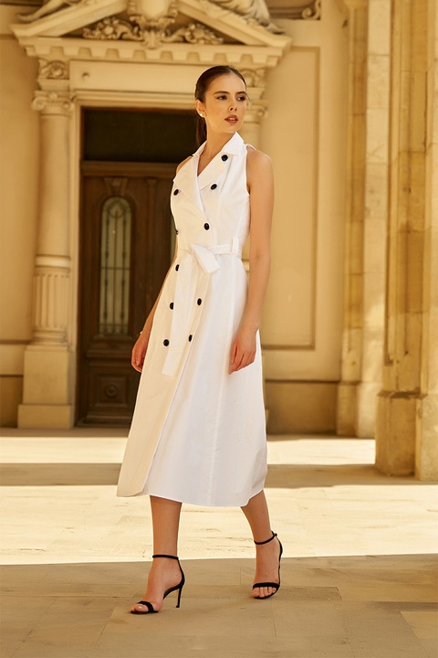 AVENUE No.29, Rochie evazata cu doua randuri de nasturi, fara maneci, Alb