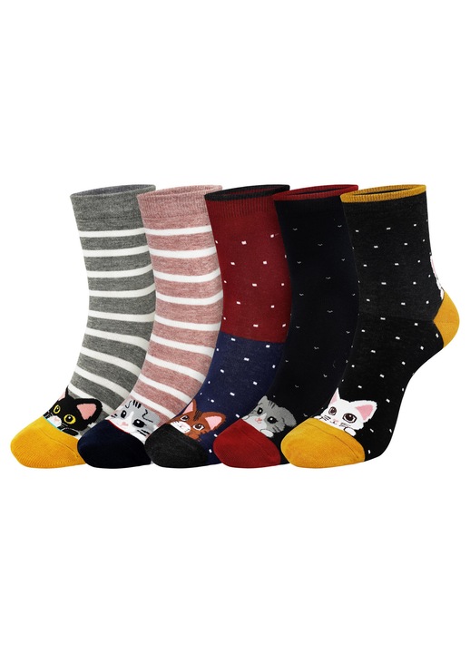 Set 5 perechi sosete dama, GOGOU®, Model haios cu buline si animalute, din bumbac, marime 35-40 EU, multicolor