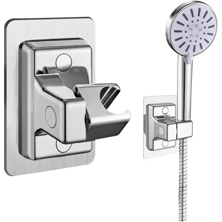 Suport Autoadeziv Pentru Capul de Dus Reglabil 360°, AKESON® Montaj Fara Gauriri pentru Toate Dusurile Manuale, Rezistent la Apa - Argintiu