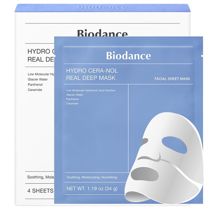BIODANCE Hydro Cera-nol True Deep Layer Face Mask - Регенериращ нощен хидрогел, Дълбока хидратация, Комплект от 4 x 34 г, Син цвят