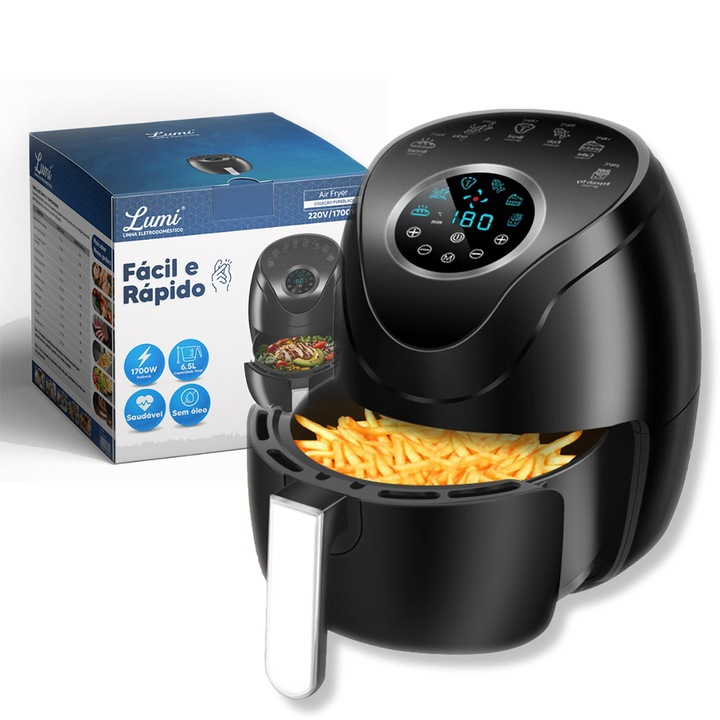 Friteuza cu aer cald, fara ulei, Yulinland, capacitate 8 L, vas detasabil antiaderent, display LCD, 1500W, functie pentru deshidratare, tehnologie Extra Crisp, Tehnologie Rapid Air, functie de mentinere la cald, curatare usoara, negru