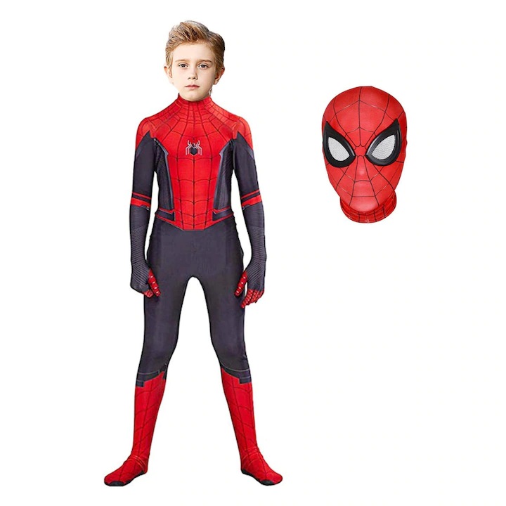 Costum carnaval copii Spider-Man, Cu cagula, Dicollas®, Halloween, Cosplay, Craciun, Poliester, Rosu/ Negru, 5-6 ani, 120 cm