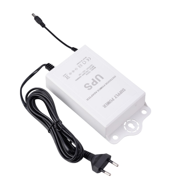 Мини UPS, Fudisenn®, 12V, 2A, Захранващ адаптер за камери за видеонаблюдение, Защита от дъжд и мълнии, Непрекъснат живот на батерията UPS, Захранващ адаптер, Бял
